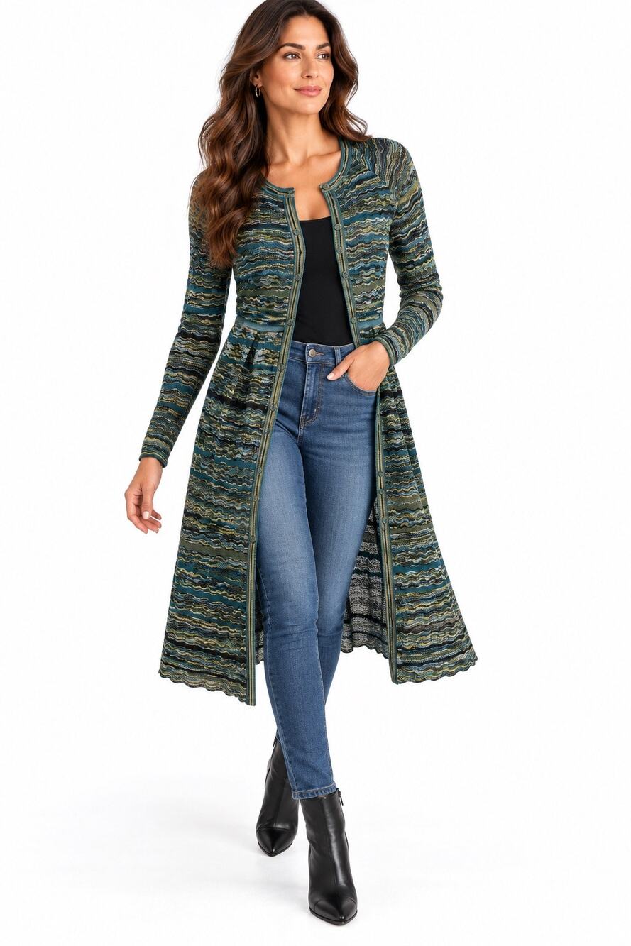 Adrienne Vittadini Long Knit Cardigan M Multicolor Wave Duster Button Front